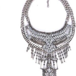 Long Tassel Chunky Boho Coin Statement Necklace For Women Silver